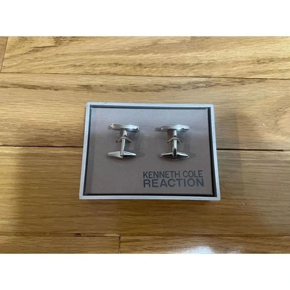 Kenneth Cole Reaction Cufflinks Silver Tone Metal with‎ Braided Black Accent